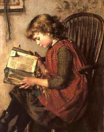 Painting of small child reading a huge Bible