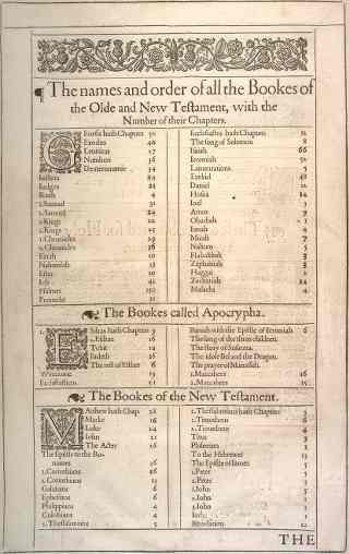 Scan of 1611 King James Version Table of Contents